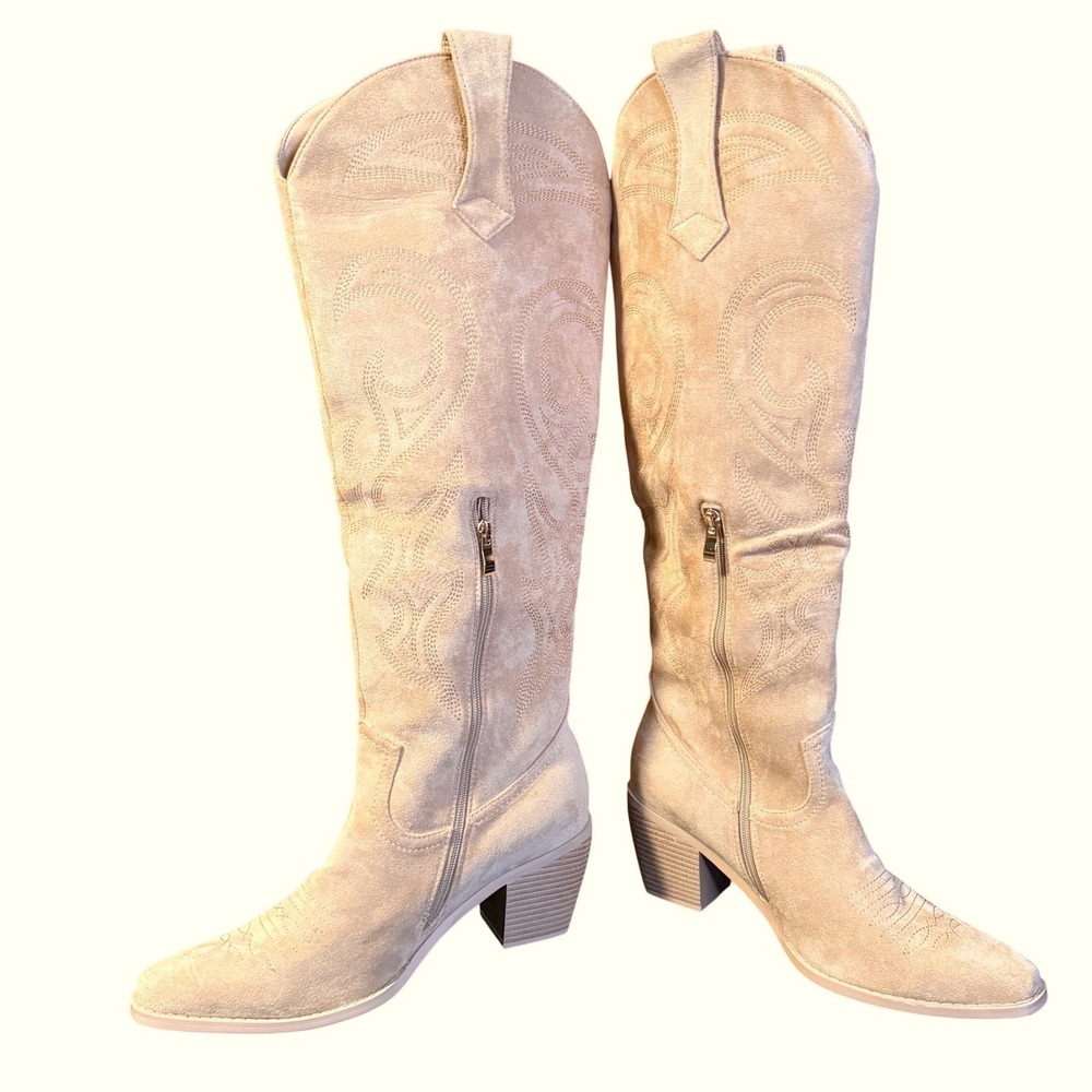 WETKISS Sz11 Women's Tan Suede Embroidered Knee High Western Cowboy Boots - Picture 2 of 12